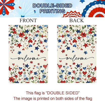 Baccessor Patriotic 4th of July House Flag 28x40 Inch Double Sided Burlap,Memorial Day Welcome American Red and Blue Flower Large Flag Summer Holiday Porch Patio Seasonal Outdoor Outside Decoration