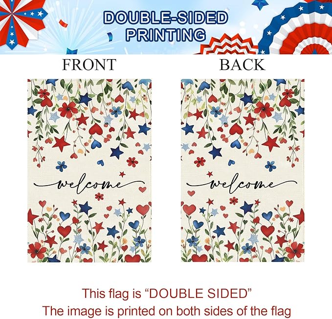 Baccessor Patriotic 4th of July Garden Flag 12.5 x 18 Inch Double Sided Burlap,Memorial Day Welcome American Red and Blue Flower Flag Summer Yard Lawn Holiday Seasonal Outdoor Outside Decoration