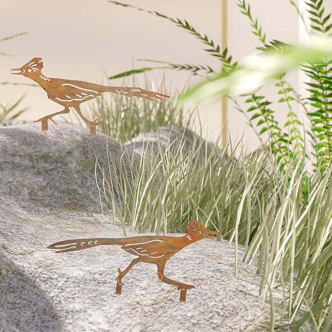 lasuroa 2pcs Metal Roadrunner Yard Art, Roadrunner Garden Stake Decorative Garden Stakes Rustic Desert Southwestern Decor for Outdoor Yard Lawn Patio Courtyard