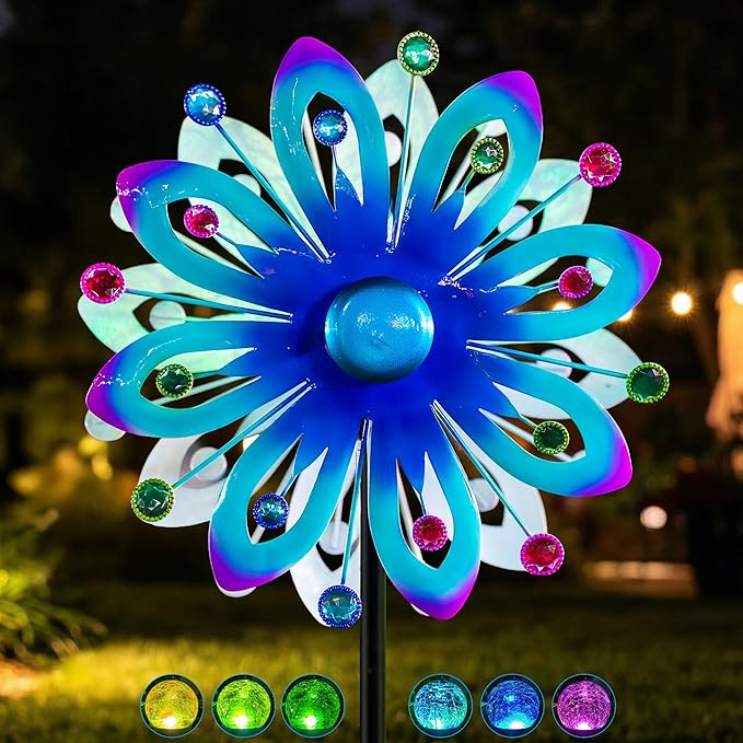 Solar Wind Spinner Outdoor Metal Garden Decor – 60.63'' Kinetic Flower Sculpture with Color-Changing LED Crackle Glass Ball & Gemstone, Waterproof Wind Catchers for Patio, Yard, Lawn Art Decoration