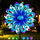 Solar Wind Spinner Outdoor Metal Garden Decor – 60.63'' Kinetic Flower Sculpture with Color-Changing LED Crackle Glass Ball & Gemstone, Waterproof Wind Catchers for Patio, Yard, Lawn Art Decoration