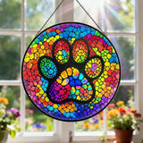 Paw Print Stained Glass Window Hanging, 7.9" Paw Print Sun Catcher Pet Memorial Suncatcher Ornament, Sun Catcher Glass Panel with Chain, Dog Memorial Gifts for Mom Grandma, Pet Lovers Gifts