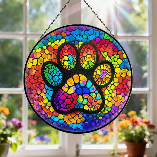 Paw Print Stained Glass Window Hanging, 7.9" Paw Print Sun Catcher Pet Memorial Suncatcher Ornament, Sun Catcher Glass Panel with Chain, Dog Memorial Gifts for Mom Grandma, Pet Lovers Gifts