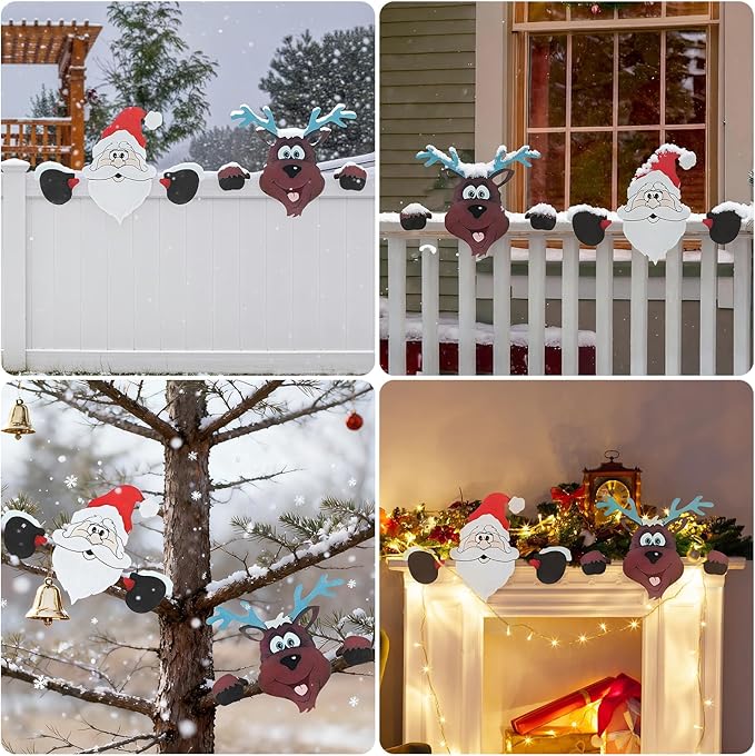 HUYIENO 2pcs Christmas Metal Fence Peeker Decoration Santa & Reindeer Fence Yard Sign Cute Outdoor Christmas Decor for Yards, Patios, Lawn, Pathway, Parking Holiday Decor Art Ornament