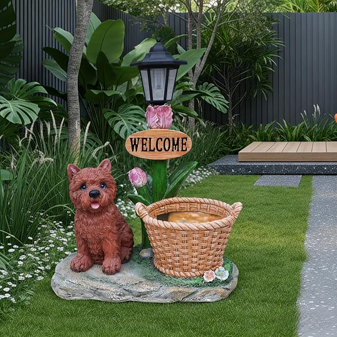 Solar Garden Statue with Planter & Solar Lantern, Outdoor Resin Animal Sculpture, Waterproof Yard Lawn Decor Pot for Succulents, Front Porch Ornament Housewarming Gift (Yorkie)