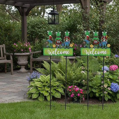 Frog Garden Stakes Decorative Large 41.7inch with Welcome Yard Sign, Whimsical Musical Frogs for Garden Decor Metal Yard Art Outdoor