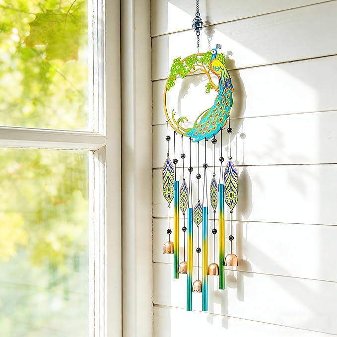 Peacock Dream Catchers Windchimes with Copper Bells 28" Peacock Wind Chimes for Outside Compose‌ Zen Atmosphere Suitable for Outdoor, Garden, Unique Peacock Home Decor Ideal Gift