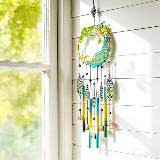 Peacock Dream Catchers Windchimes with Copper Bells 28" Peacock Wind Chimes for Outside Compose‌ Zen Atmosphere Suitable for Outdoor, Garden, Unique Peacock Home Decor Ideal Gift