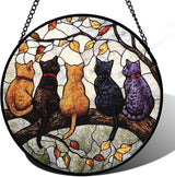 DASTOLL Stained Glass Window Hanging - 5 Cats on a Branch Suncatcher for Window Doors Home Decoration and Christmas, Mother's Day Father's Day Birthday Gifts for Women, Men, and Mom 14.9x14.9 in