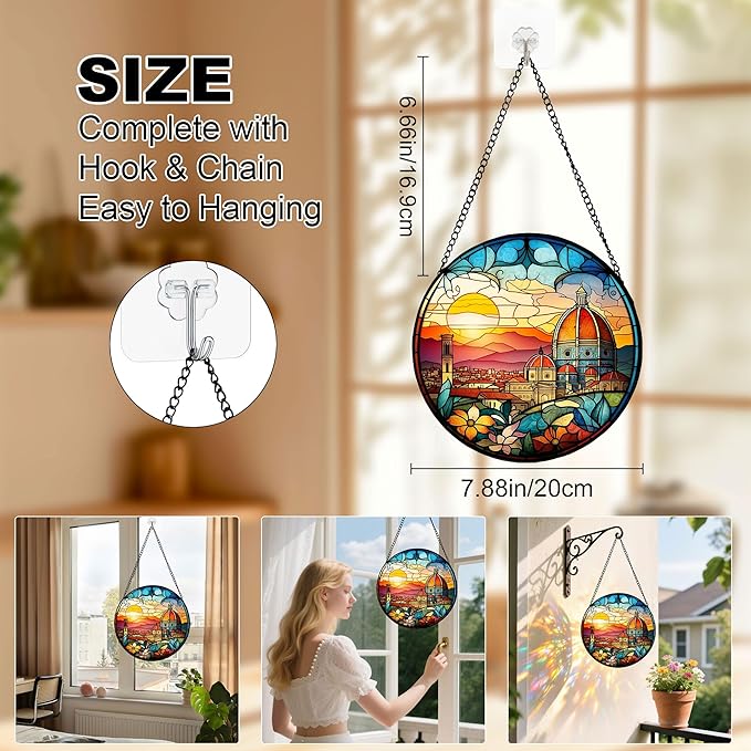 7.88'' Stained Glass Window Hanging, Church Sunset Suncatcher Stained Glass Panel with Hook Chain for Window, Religious Sun Catchers Decor Mother's Day Birthday for Women, Men, Wife, Aunt, and Mom