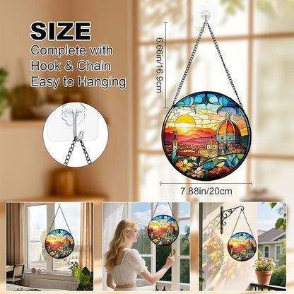 7.88'' Stained Glass Window Hanging, Church Sunset Suncatcher Stained Glass Panel with Hook Chain for Window, Religious Sun Catchers Decor Mother's Day Birthday for Women, Men, Wife, Aunt, and Mom
