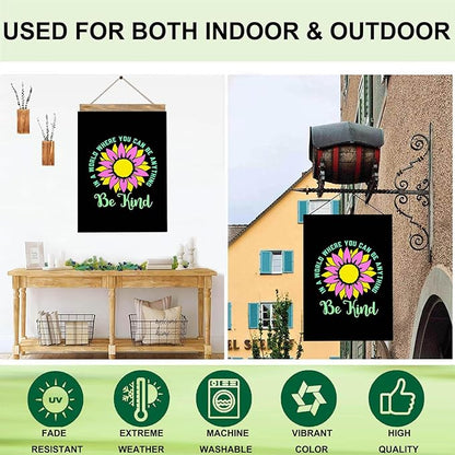 Mugod Be Kind Sunflower House Flag 28x40 Inch, Inspirational Kindness Floral Quote Design, Double Sided Burlap Yard Flag, Farmhouse Outdoor Porch Garden Decor