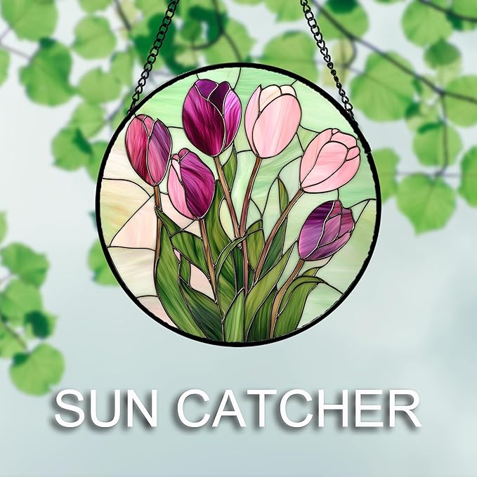 Stained Glass Window Hanging 4 Pcs Set Tulips Plum Flower Daffodils Hyacinths Large 11.8" - Suncatcher Door Garden Sun Catcher Decor Birthday Mother's Day for Mom Woman Nana