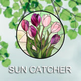 Stained Glass Window Hanging 4 Pcs Set Tulips Plum Flower Daffodils Hyacinths 6.3" - Suncatcher Door Garden Sun Catcher Decor Birthday Mother's Day for Mom Woman Nana