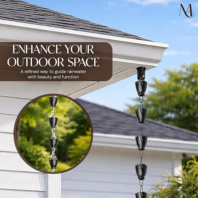 Monarch Rain Chains Aluminum Akira Black Rain Chains for Gutters – 8.5 ft Black Decorative Rainchain Outdoor Durable Heavy Duty Gutter Chain Downspout, Modern Rainchains for Outside