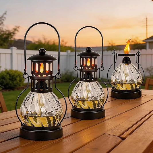 3 Pack Glass Table Top Torches, 14 oz Citronella Torches for Outside, Features hanging handles, Refillable Flame Light Torch, Decorative Tabletop Lantern for Yard, Patio, Garden, Party, Landscape