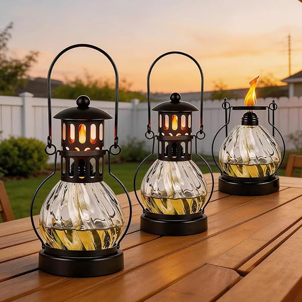 3 Pack Glass Table Top Torches, 14 oz Citronella Torches for Outside, Features hanging handles, Refillable Flame Light Torch, Decorative Tabletop Lantern for Yard, Patio, Garden, Party, Landscape