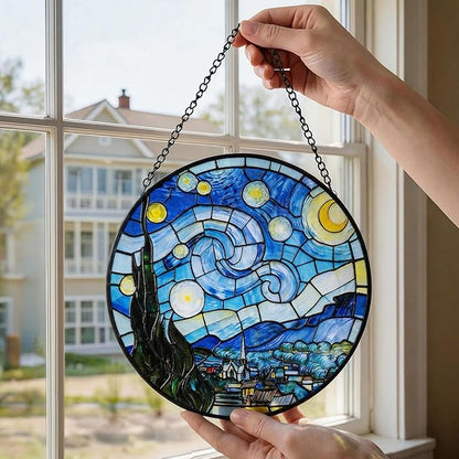 Hanging Stained Glass for Windows,20cm/7.87inch Van Gogh Starry Night Stained Glass Suncatcher with Chain Garden Diamond Glass Panel Hangings Decoration for Home Decor Gifts for Family Friends