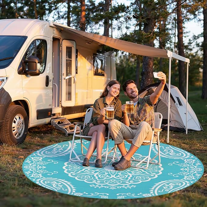 Pauwer Waterproof Outdoor Rug 8ft, Reversible Plastic Straw Patio Camping Rug, Indoor Outdoor RV Mat Carpet for Deck, Camper, Porch, Balcony, Backyard, Picnic, Boho Teal