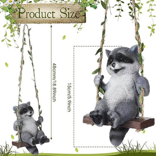 Thyle Solar Light Outdoor Raccoon Statues 19" H Hanging Raccoon on Swing with LED Light Resin Waterproof Hanging Animal Figurine with Hook for Yard Garden Wall Decoration Gift