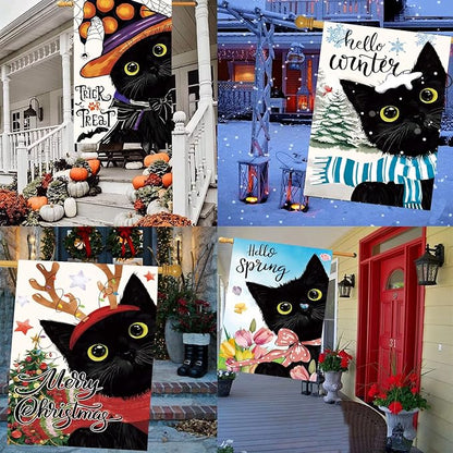 Seasonal Garden Flags Set of 11, Double Sided 28 x 40 Inchs Black Cat House Flags,Large Holiday Flags for Outside All Seasons Decor, Spring Summer Independence Day Easter Outdoor Yard Decorations