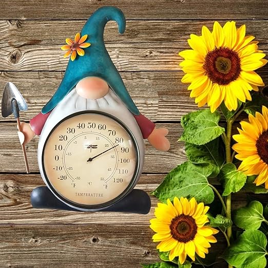 Metal Gnome Thermometer Indoor Outdoor Wall Art Decor Plaque Sculpture Hanging Mounted for Living Room Bedroom Kitchen Workroom Patio, Waterproof, No Battery Required
