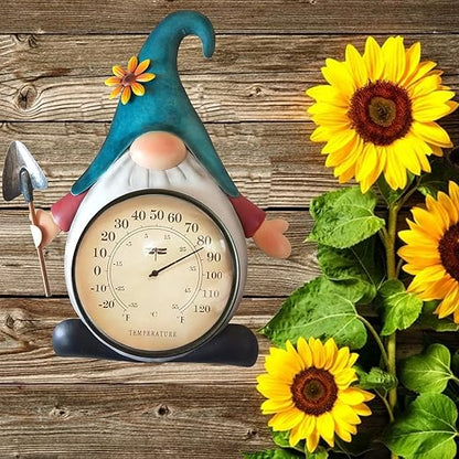 Metal Gnome Thermometer Indoor Outdoor Wall Art Decor Plaque Sculpture Hanging Mounted for Living Room Bedroom Kitchen Workroom Patio, Waterproof, No Battery Required