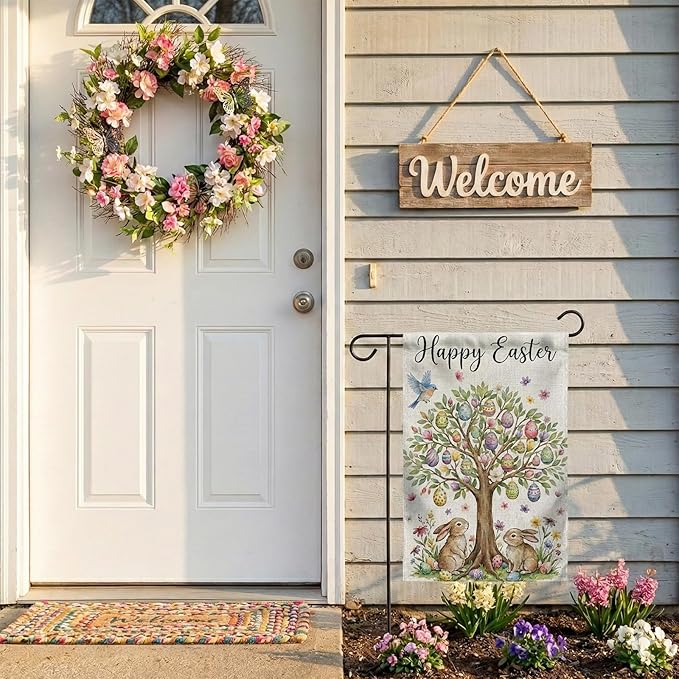 Happy Easter Garden Flag 12 x 18 Inch Double Sided Outside Flag, Easter Eggs Tree Bunny Yard Outdoor Easter Holiday Decoration
