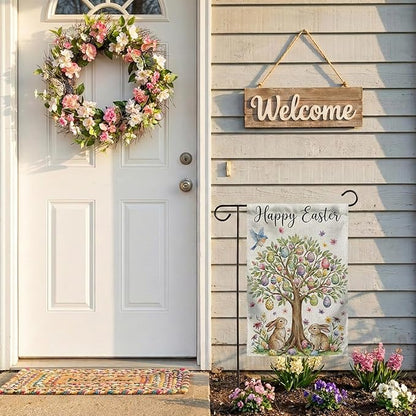 Happy Easter Garden Flag 12 x 18 Inch Double Sided Outside Flag, Easter Eggs Tree Bunny Yard Outdoor Easter Holiday Decoration