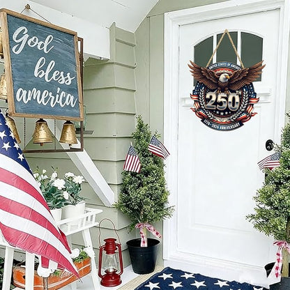 USA 250th Anniversary Double-Layer Wooden Sign Large Reusable USA 250th Bald Eagle American Flag Stars Stripes 1776-2026 250th Anniversary Rustic Wood Twine Hanging Door Wall Patriotic Decor 1 Pcs