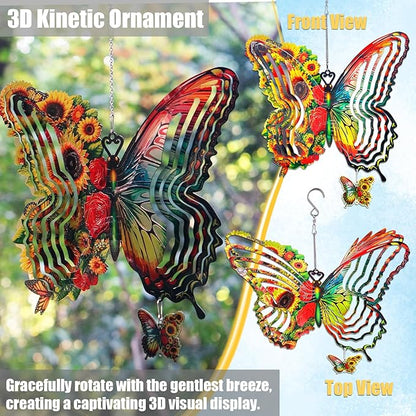 Sunflower Butterfly Metal Wind Spinners for Yard and Garden,12 Inch 3D Stainless Steel Hanging Kinetic Yard Art Wind Sculpture, Kinetic Art Garden Decor for Christmas Outdoor & Indoor