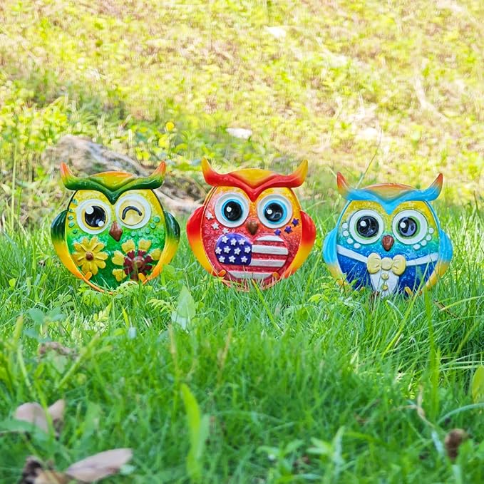 Owl Garden Decor for Outside, 3 Pack Metal & Glass Owl Yard Art, Lawn Ornaments Outdoor Decor for Porch Patio, Housewarming Birthday Gifts for Grandma Mom Women