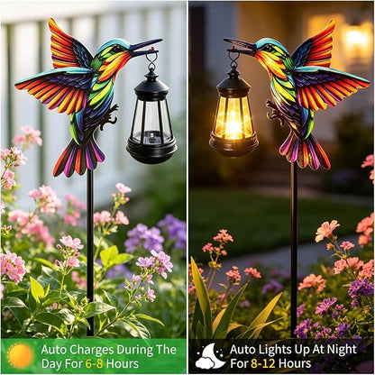 2 Pack Solar Lights Outdoor Waterproof Hummingbird Decorative, 31in Metal Hummingbird Garden Stakes with Solar Lanterns for Yard Art Outside Patio Porch Lawn, Gifts for Women Mom Grandma Mother's Day