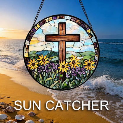 DASTOLL Christian Gifts for Women - Cross Stained Glass Window Hanging Easter Yellow Purple Wildflowers Sun Catcher Garden Religion Decor Mother's Day Catholic Gift for Men Grandma Nana Her Mom 7.8"