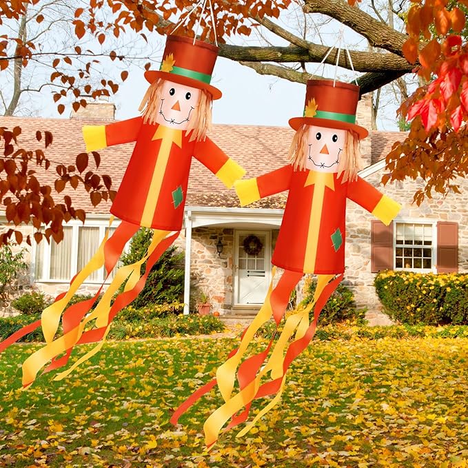 2 Pcs Fall Thanksgiving Scarecrows Windsocks Decoration 40'' Vintage WindSocks for Thanksgiving Decorations Outdoor Hanging Scarecrow for Farmhouse Home Yard Window Party Decor(Autumn)