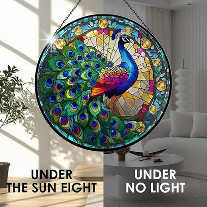 Stained Glass Window Hanging, 7.9" Peacock Suncatcher Ornament, Hand-Painted Round Stained Glass, Peacock Themed Gifts for Women & Bestie, Indoor/Outdoor Garden Wall Art & Housewarming Decor