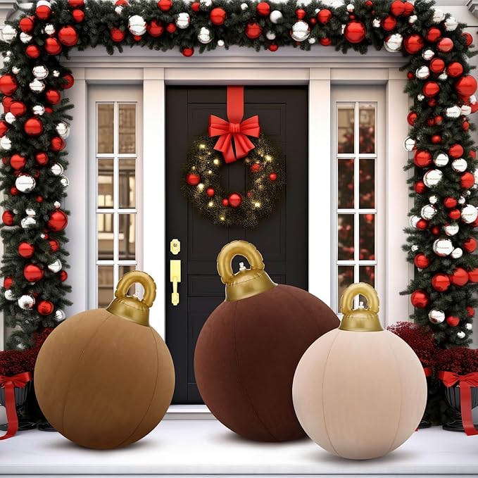 Jenaai 3 Pcs Giant Velvet Christmas Inflatable Ball Ornament Large PVC Christmas Inflatable Balls 3 Size 24" 20" 18" Xmas Hanging Ornaments Outdoor Decor for Lawn Porch Yard (Neutral)