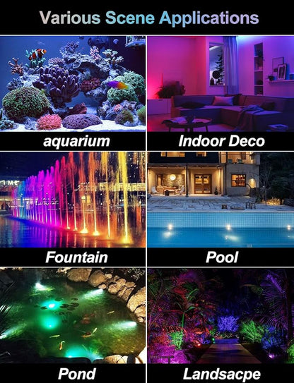 RGB Underwater Pond Lights,Super Bright 18 LED Submersible Fountain Lights, Bluetooth APP Control IP68 Waterproof Color Changing Spotlights for Fish Aquarium Tank Yard Garden Pool(Set of 10)