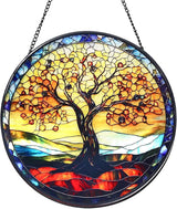 Tree of Life Stained Glass Window Hanging Suncatcher with Chain - 7.9" Outdoor/Indoor Art Decor for Home Garden, Wedding, Mother's, Thanksgiving, Valentine's & Christmas Ornaments Present