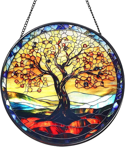 Tree of Life Stained Glass Window Hanging Suncatcher with Chain - 7.9" Outdoor/Indoor Art Decor for Home Garden, Wedding, Mother's, Thanksgiving, Valentine's & Christmas Ornaments Present