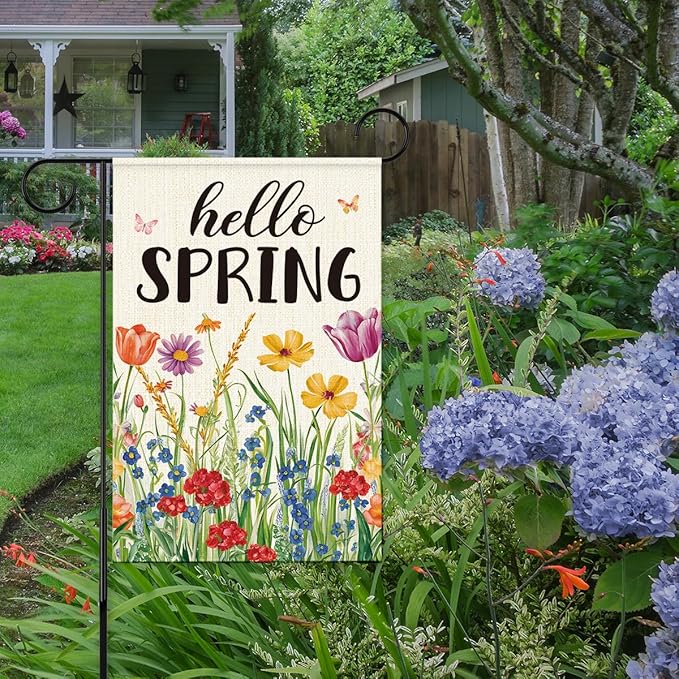 Hello Spring Garden Flag for Outside,Spring Wildflower Garden Flag Yard Lawn Porch Flags for Outdoor Decorations 12x18 Inch Double Sided
