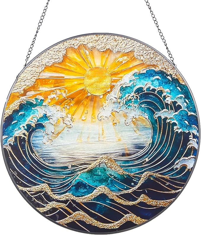 Ocean Wave Sunset Suncatcher Stained Glass Window Hanging - 10" Hand-Painted Sun Catcher Garden Hanging Decoration with Metal Chain Outdoor Garden Decor Christmas for Women
