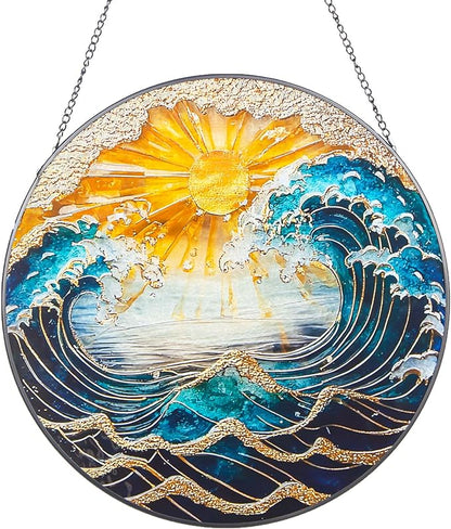 Ocean Wave Sunset Suncatcher Stained Glass Window Hanging - 10" Hand-Painted Sun Catcher Garden Hanging Decoration with Metal Chain Outdoor Garden Decor Christmas for Women