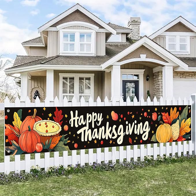 BlissYard Thanksgiving Banner 180x20 Inches Hanging Decor Pumpkin Pie Harvest Scene Decoration for Home Party Supplies Photo Backdrop Outdoor Indoor Holiday Season Decor