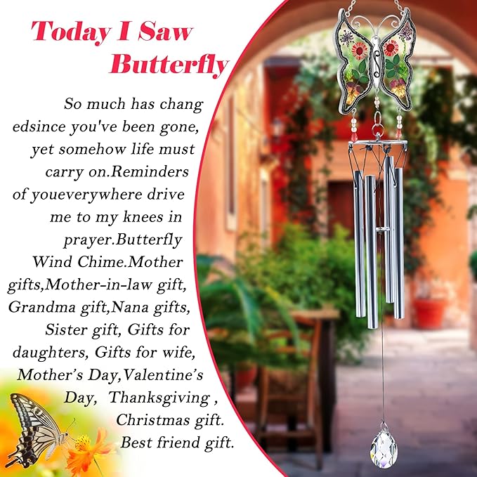 KY&BOSAM Big Butterfly Wind Chime with Crystal Sympathy Wind Spinner Memorial Wind Chime for Loss of Loved One Bereavement Sympathy Memorial Gift for Loss of Mother Father Home Garden Decor