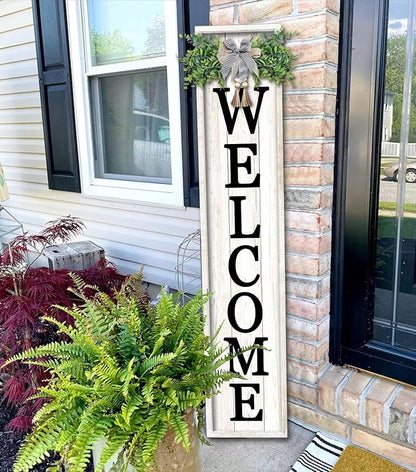 flowtorely Outdoor Welcome Sign for Front Porch Standing 45"×9" Tall Vertical Wood Frame Front Door Long Leaner farmhouse Outside Rustic Large Welcome Signs Vintage Home Decorations (White)