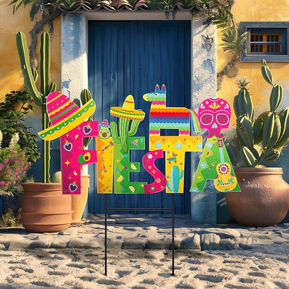 Amyhill 1 Pcs Cinco De Mayo Outdoor Decor Mexican Fiesta Metal Garden Stakes Welcome Yard Signs Decorations Cactus Avocado Guitar Garden Stakes for Fiesta Mexican Theme Party Decor Patio Lawn Walkway