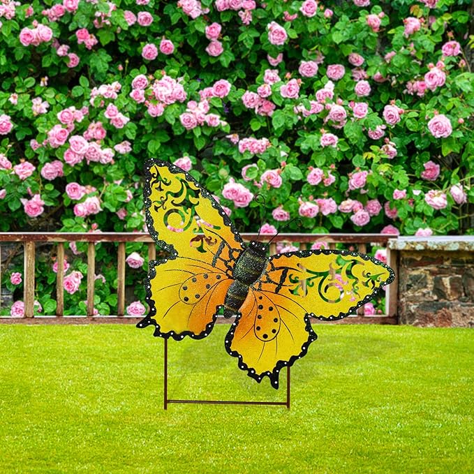 Attraction Design Butterfly Garden Stake Decorative Butterfly Yard Stake, Cute Insect Decor Metal Yard Art Decor Outdoor Garden Decoration for Patio Porch Lawn Pathway Backyard (Yellow)