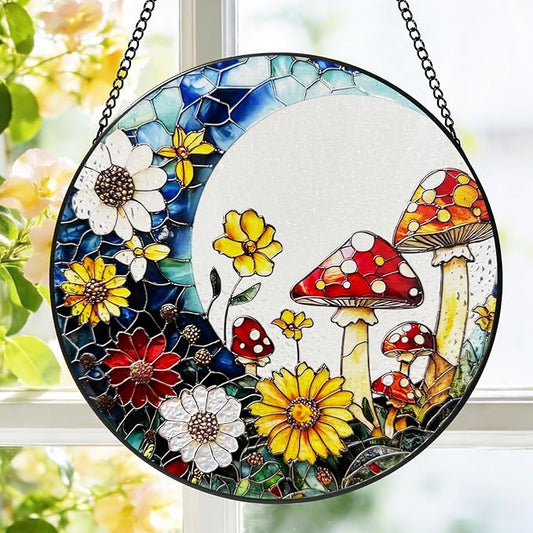Stained Glass Window Hanging, 8 Inch Mushroom Suncatcher, Sun Catchers Indoor Window, Mushrooms Flowers Suncatchers for Windows Hanging, Spring Home Garden Decor Panel Gifts for Women Mom Grandma