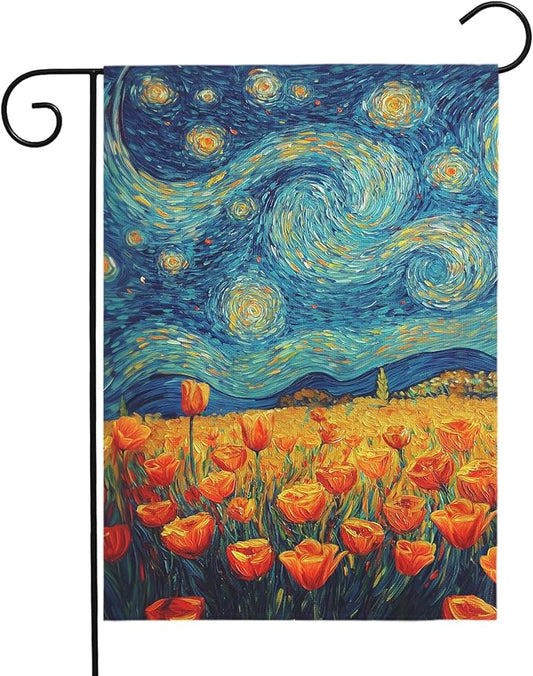 Spring Tulip Garden Flag Summer Van Gogh Starry Night Yard Flags Vibrant Orange Tulips Art Print Seasonal Welcome House Banners for Outdoor Porch Lawn Patio Landscape Decor 12×18 Inch